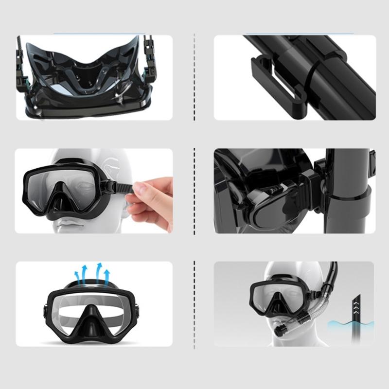 Leakproof Silicones Diving Mask Set with Foldable Dry Snorkel Adjustable Head Straps for Swimming Snorkeling Activity