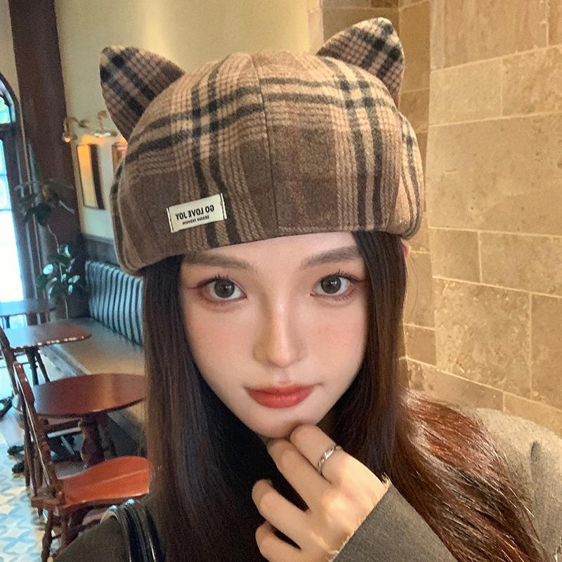 

Милый берет с кошачьими ушками, корейский повседневный и универсальный ветрозащитный восьмиугольный картуз, модная теплая шапка для женщин на осень и зиму average size