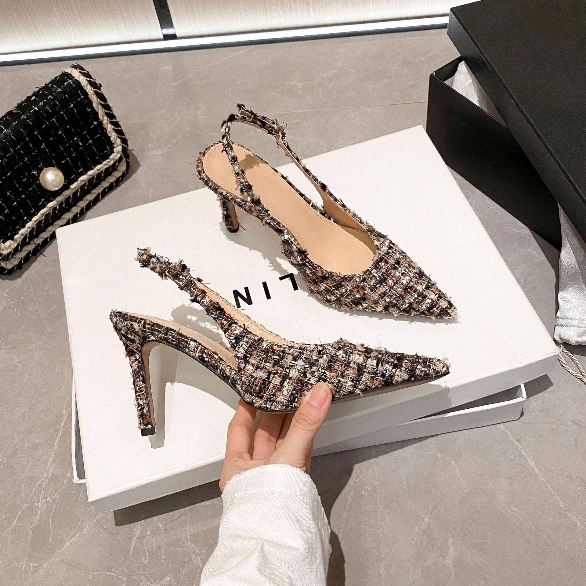 

YX2025 new pointed-toed stiletto women s shoes temperament French shallow tweed small fragrant wind bag head rear empty sandals 35