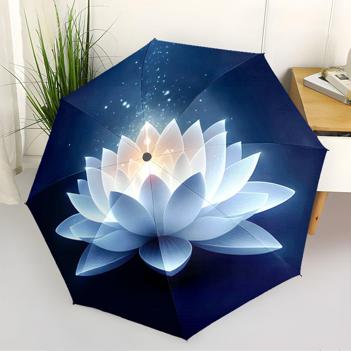 Automatic Open/Close Umbrella with Glowing for Lotus Flower - Elegant Navy Blue Floral Parasol, Compact Folding Umbrella with
