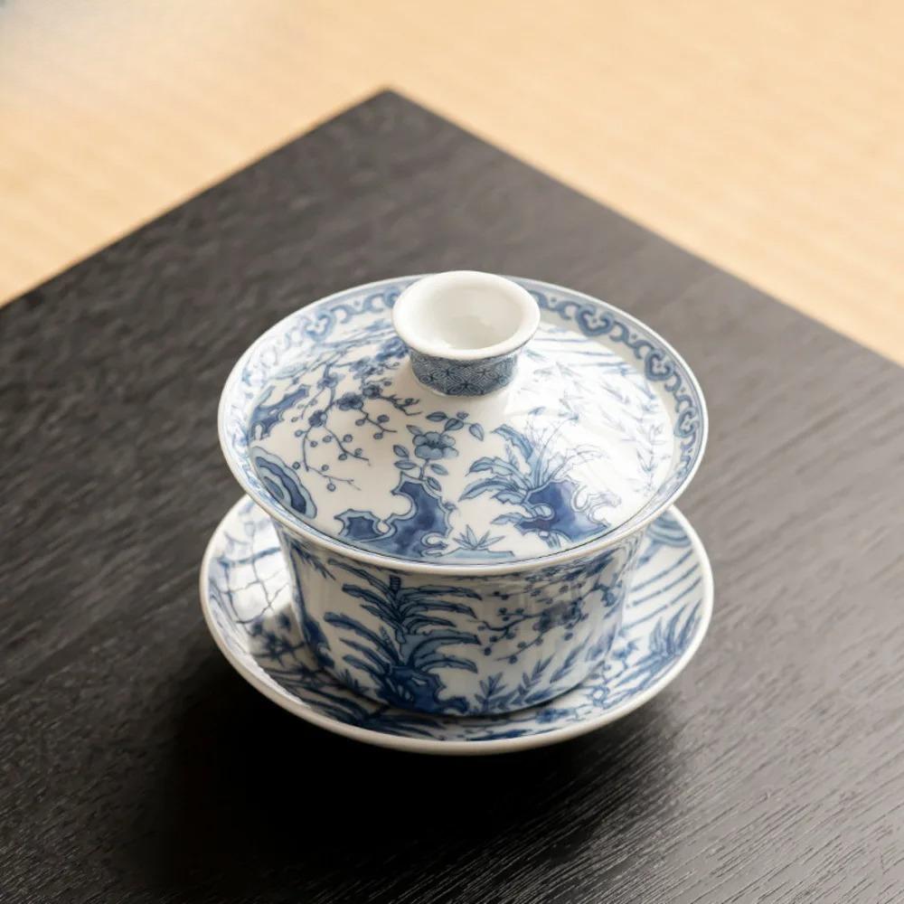 300ml Antik Blau und Weiß Gaiwan Retro Drachen Tasse Untertasse Teekanne Chinesischer Teebereiter Deckelschale Teegeschirr Zubehör Handwerk
