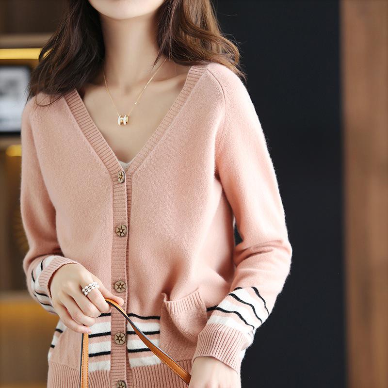 Women's Pure Cashmere Striped V-Neck Cardigan - Loose Fit Slimming Knit Sweater (100% Wool) for Autumn & Winter