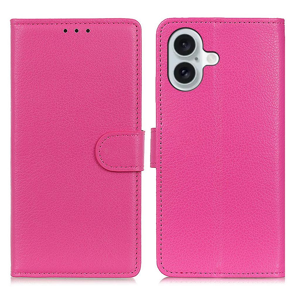 For iPhone 16 Case PU Leather Wallet Stand Litchi Texture Phone Cover