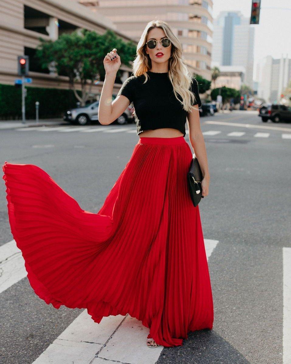 New European and American style large size medium and high waist pleated skirt women s large swing skirt S красный
