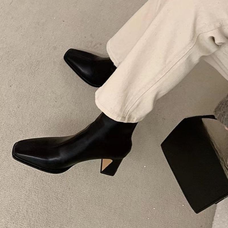 Skinny Boots Mode Quadratische Zehenpartie Paneel-Leder Reißverschluss hinten Anti-Rutsch Abriebfest Blockabsatz Stiefeletten