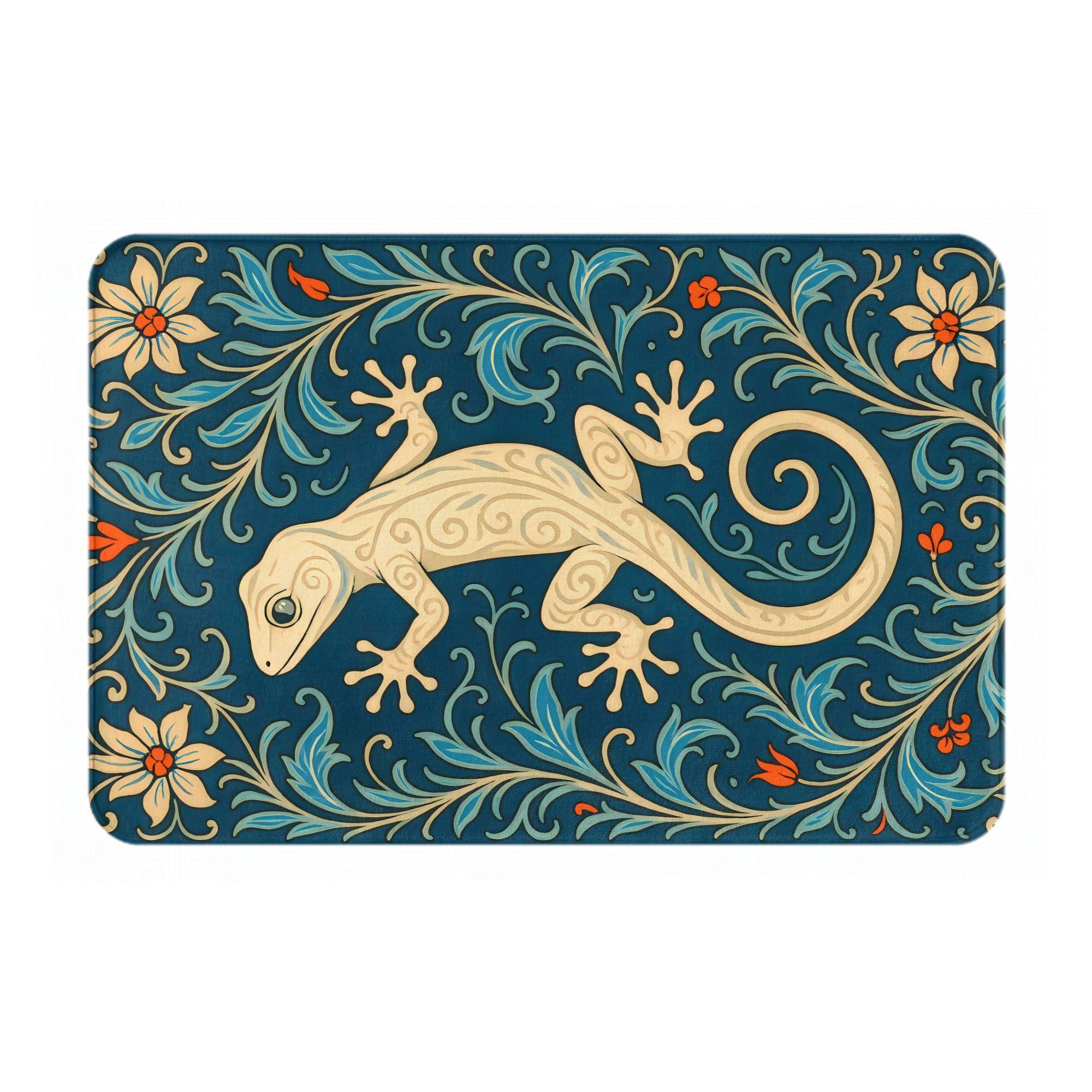 

Gecko & Floral Doormat Cream Gecko on Navy Blue, Intricate Vines & Orange/White Flowers, Soft Plush, Non-Slip, Machine Washable 40cm x 60cm