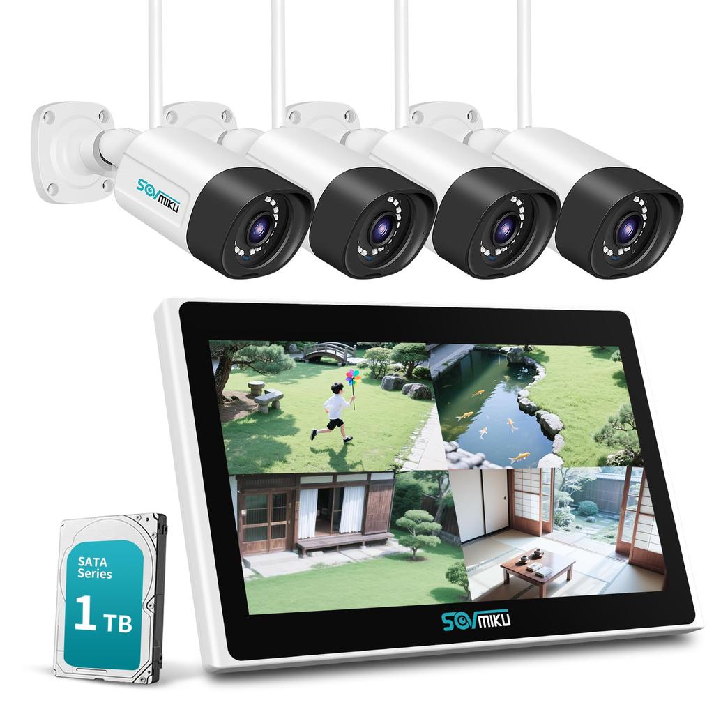Sovmiku Wireless Security Cameras Monitor with Integrated Set of 4 5MP Wireless Expandable to 10 IP66 AI Motion Security 5MP Cameras 5MP Recorder 1TB