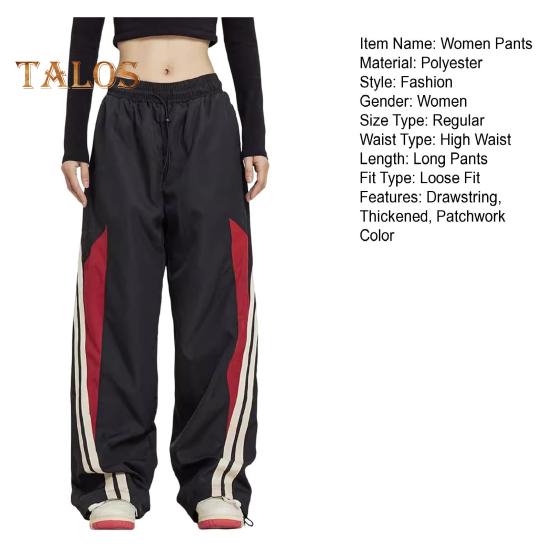 Women Pants Elastic High Waist Adjustable Drawstring Wide-Leg Vertical Stripe Stitching Pants Retro Street Style Sport Trousers