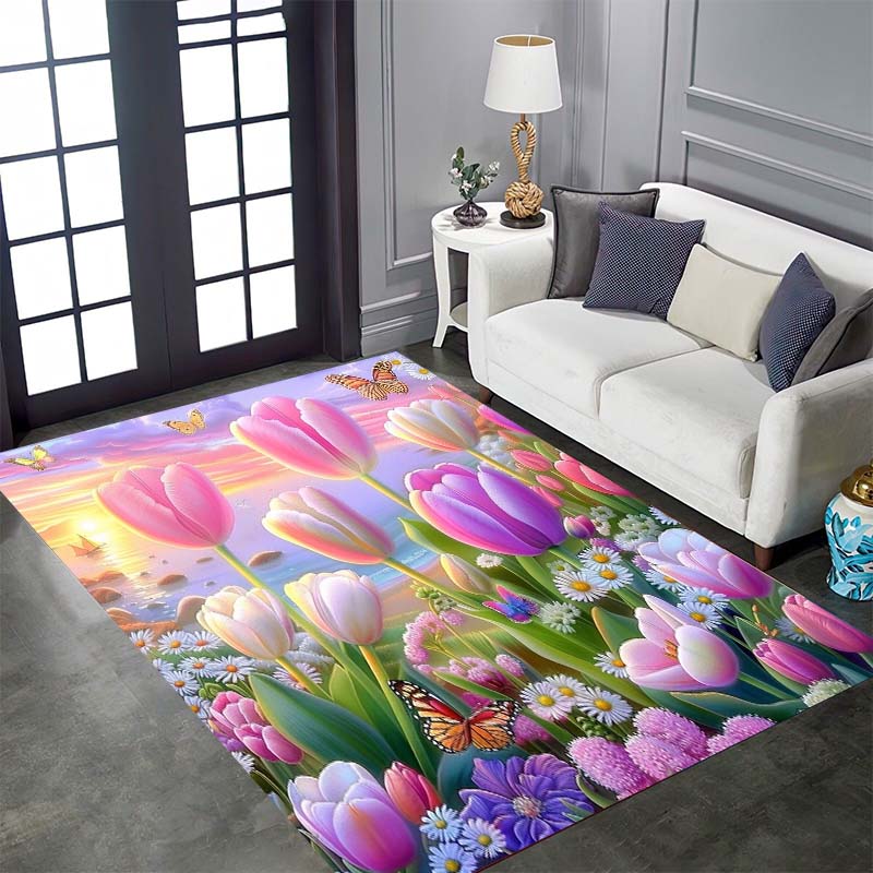 Vintage Floral Tulip Patterned Floor Mat, Non-slip, Machine Washable, Suitable for Living Rooms, Bedrooms, and Home Décor.