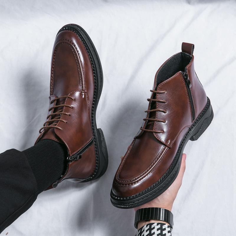 Autumn and winter new hairstylist short boots pointed boots British Martin boots high-top leather shoes inner height-increasing leather boots