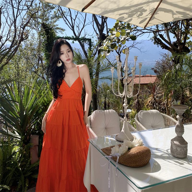 Women's Summer Holiday Seaside Hanging Neck Backless Big Swing Long Dresses