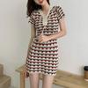 Korean Vintage Jacquard Weave Dresses Women's Clothing Short Sleeve Summer V-Neck Button Elegant Chic Bag Hip Waist Mini Dress