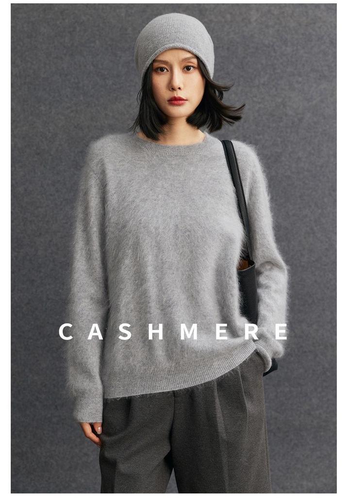 Cashmere Women's Round Neck Brushed Knit Sweater - 2025 Autumn/Winter Collection.