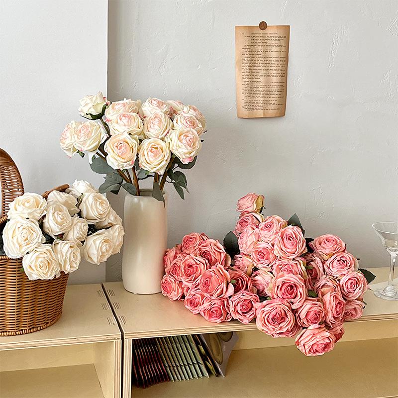 43CM 7-piece Tied Roasted Edge Rose Artificial Bouquet High-end Home Soft Decoration Floral Ornaments