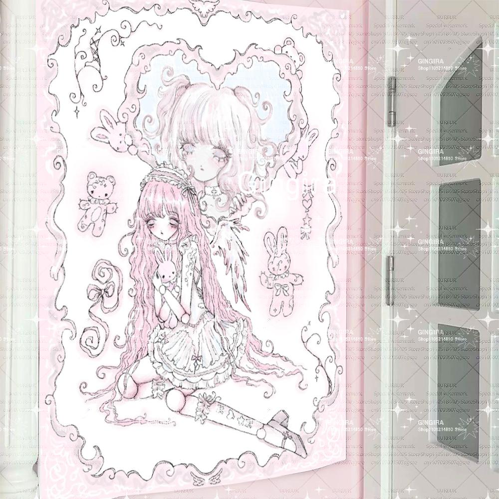 2D Lace-pink teenage Gothic Lolita dormitory and bedroom decorations, tapestries, wall-hanging fabrics, and indoor hanging items