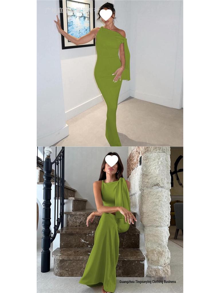 Women's Elegant One-Shoulder Summer Dress - Solid Color Draped Fashion
