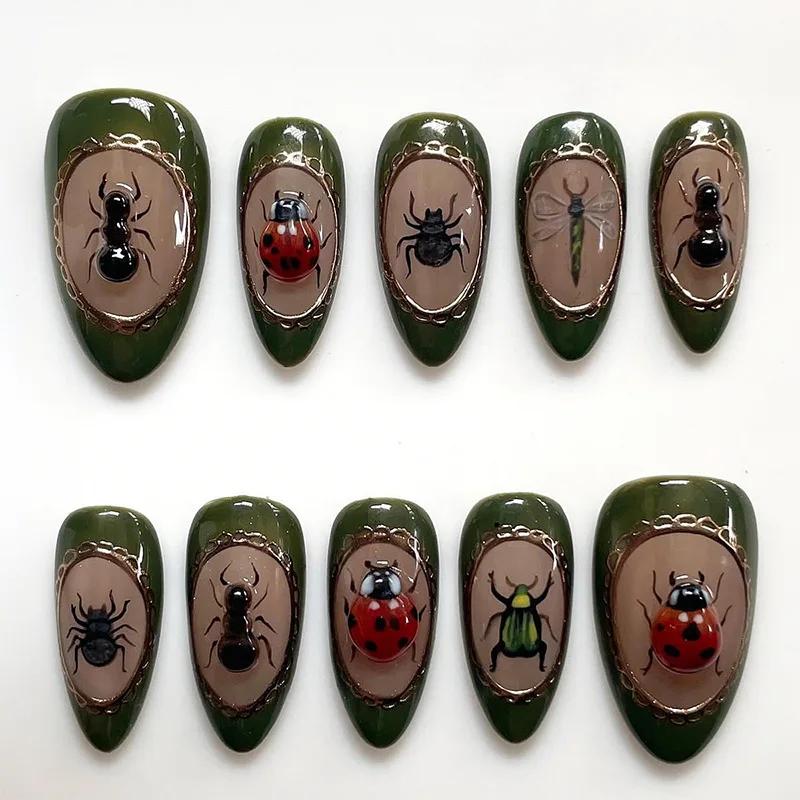 24PCS Charming Almond Fake Nail Colored Pottery with Seastar Insects Design Press on Nail Full Cover Wearable Manicure Nail Tips