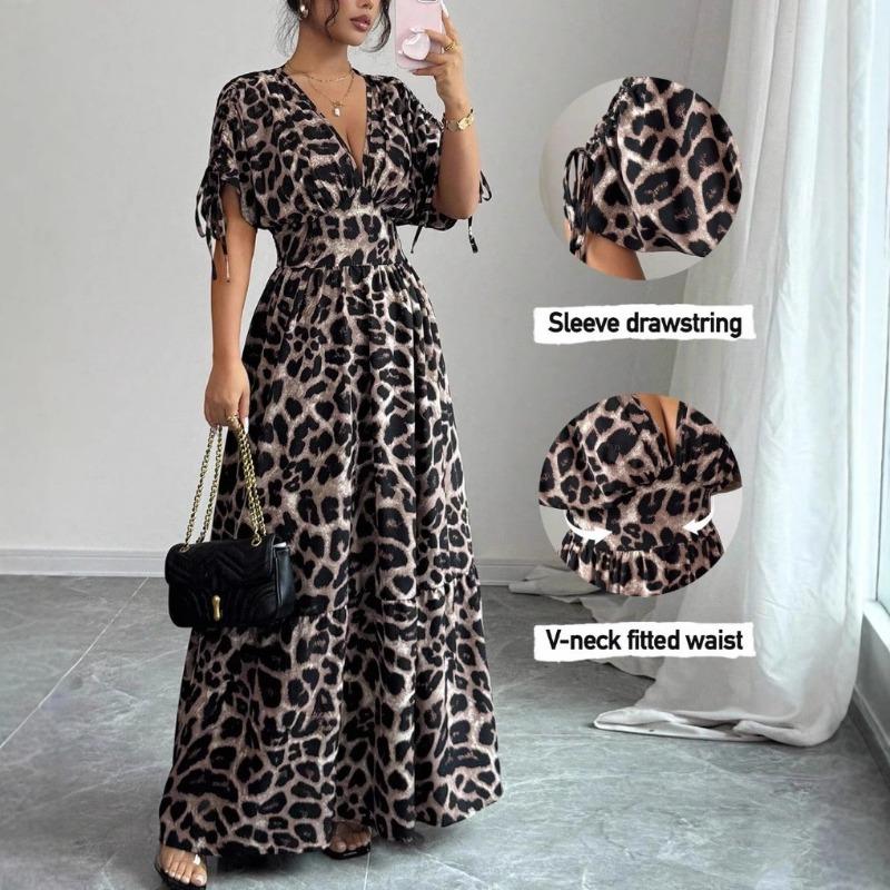 Elegant Leopard Print Deep V-neck Maxi Long Dress Summer Short Sleeve Party Dress A-line Casual Slim Loose Simple Drawstring Waist-cinching Clothes
