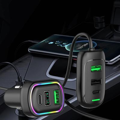 6-Ports USB Type-C Front And Rear Extension Car Charger With RGB Light PD Fast Charging Power Adapter For Phone Laptop