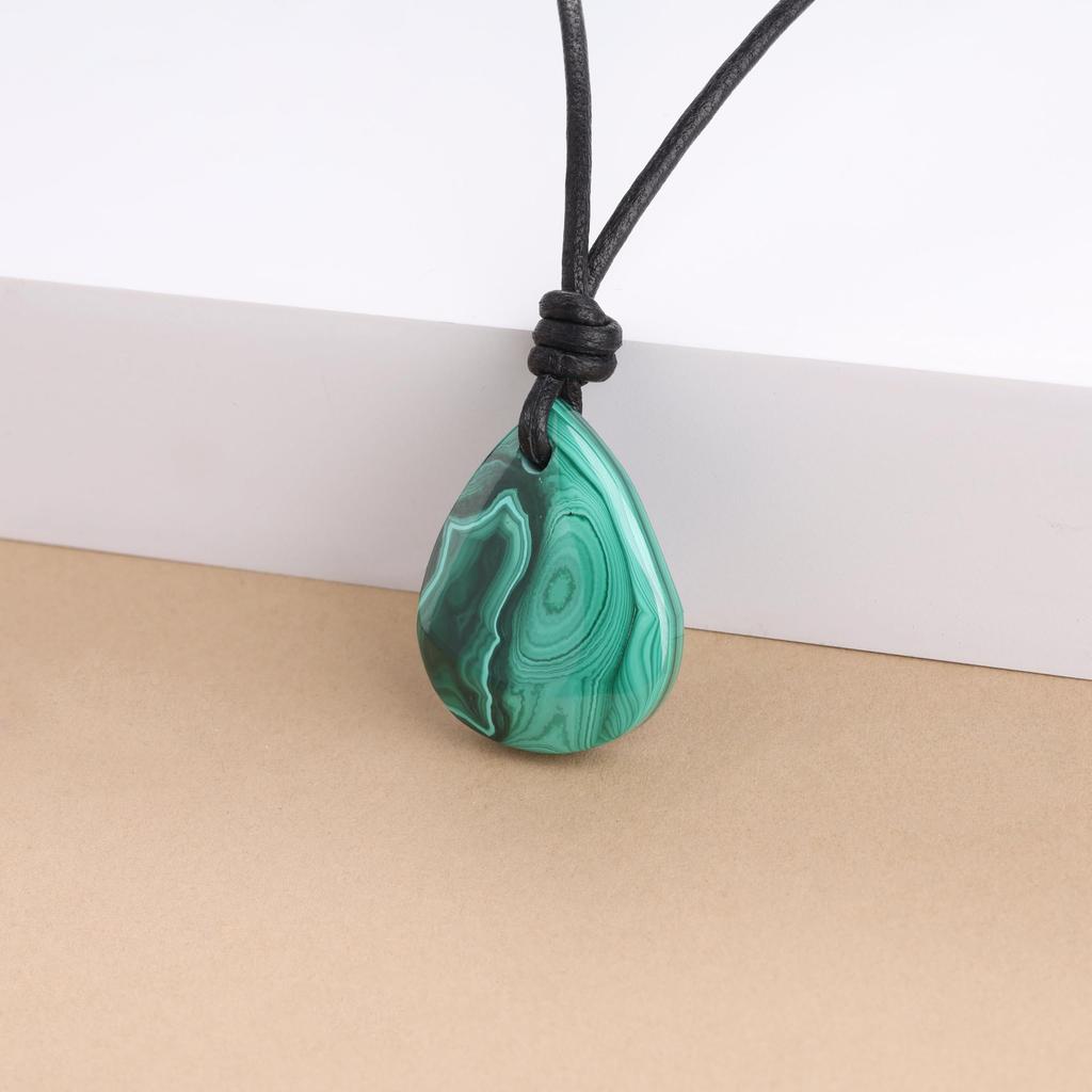 Malachite Teardrop Purification Amulet Leather Necklace for Women [KOAI]