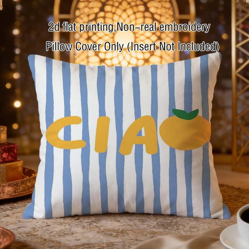 Ciao Oranje Kussenhoes, Blauw Witte Gestreepte Kussensloop, Schattige Fruitprint Woondecoratie, Woonkamer Bank Kussenhoes 60x60cm