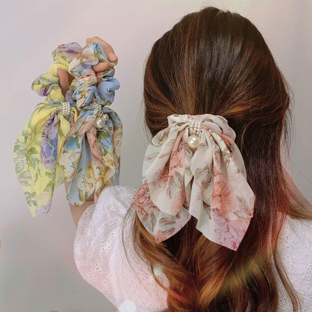 

Модный аксессуар: Женская повязка для волос с жемчужным акцентом, цветочным узором и резинкой для волос pink