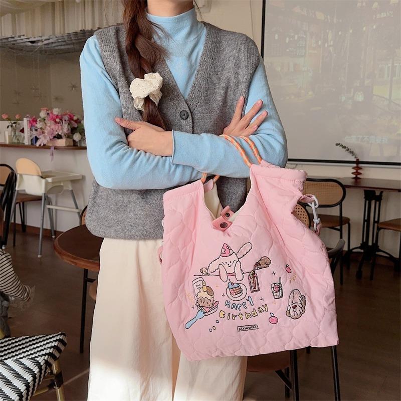 23 quilted soft messenger bag large capacity portable shoulder bag cartoon embroidered rabbit student handbag