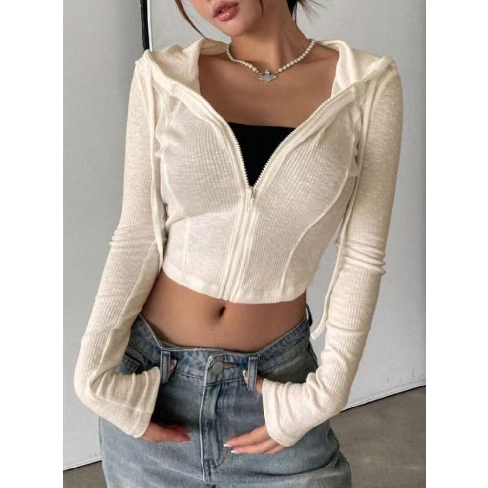 Módní dámská žebrovaná mikina s kapucí, Cropped top na zip s dlouhým rukávem, Univerzální ležérní top pro letní a jarní denní outfity