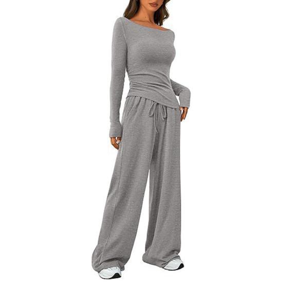 2 Pcs/Set Women Top Pants Suit Round Neck Long Sleeves Solid Color Irregular Blouse Elastic Waist