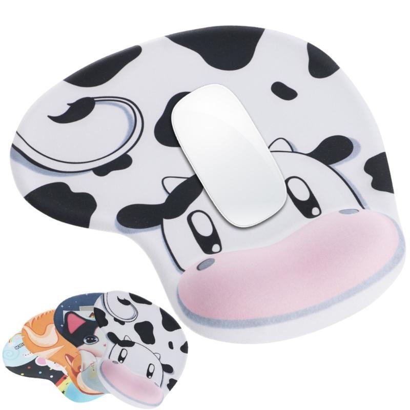 T3EE Cartoon Cow Mouse Pad With Integrated Wrist Cushion Firm Rubber Grip Wrist Support Mousepad For Desktop Stability