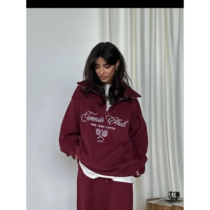 

Printed Half Zipper Top European and American New Fashion Casual Loose Print Letters Hoodie Top Wine Red (thin/thick) XL