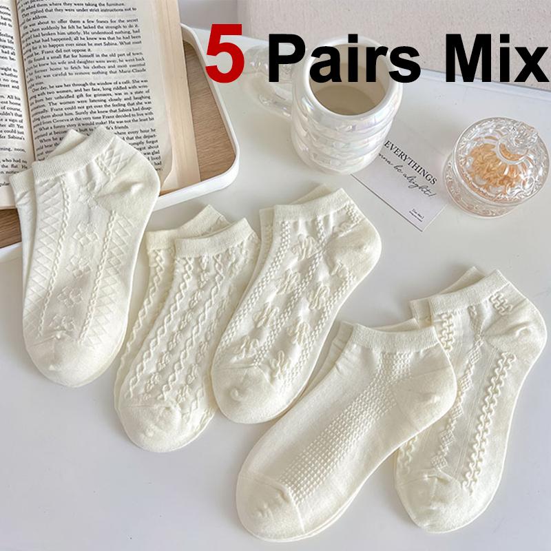 5/10 Pairs Women White Striped Short Socks Fashionable Lolita Jk Style Soft Comfortable Sweat Absorbing Breathable Casual Socks
