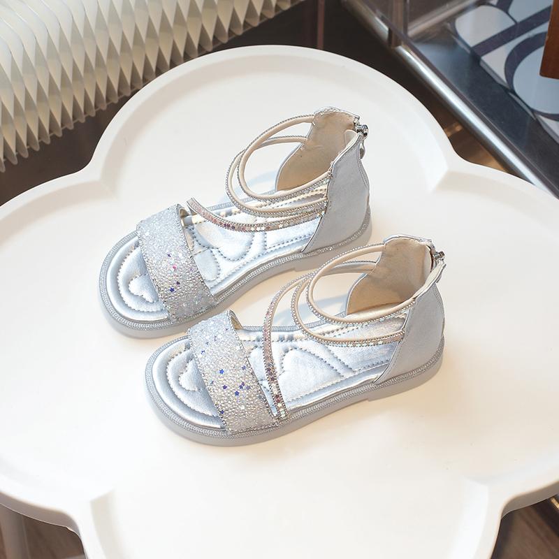

Girls Roman Shoes Princess Style Kids Sandals with Back Zipper 2025 Summer New Girls Beach Shoes Open Toes Non-slip Ins Trendy 26 серебряный