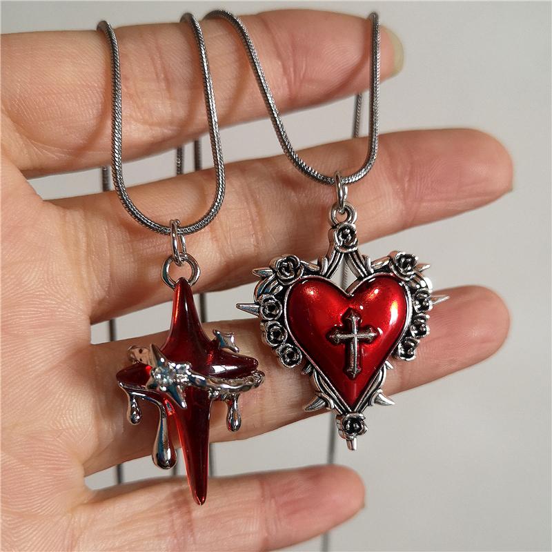 Gothic Trendy Y2K Red  Heart Cross StarPendent Snake Chain Choker Necklace For Women Men Punk Vintage Grunge Aesthetic Jewelry