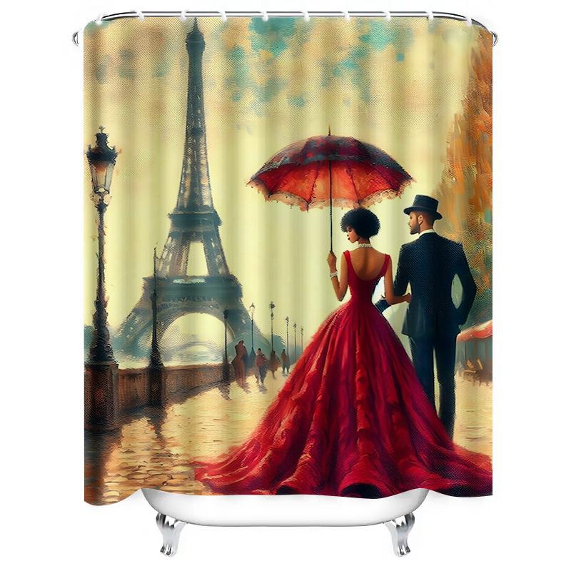 Romantic Paris Walk Artistic Waterproof Shower Curtain for Bathroom Decor, High-Quality Material and Easy to Clean