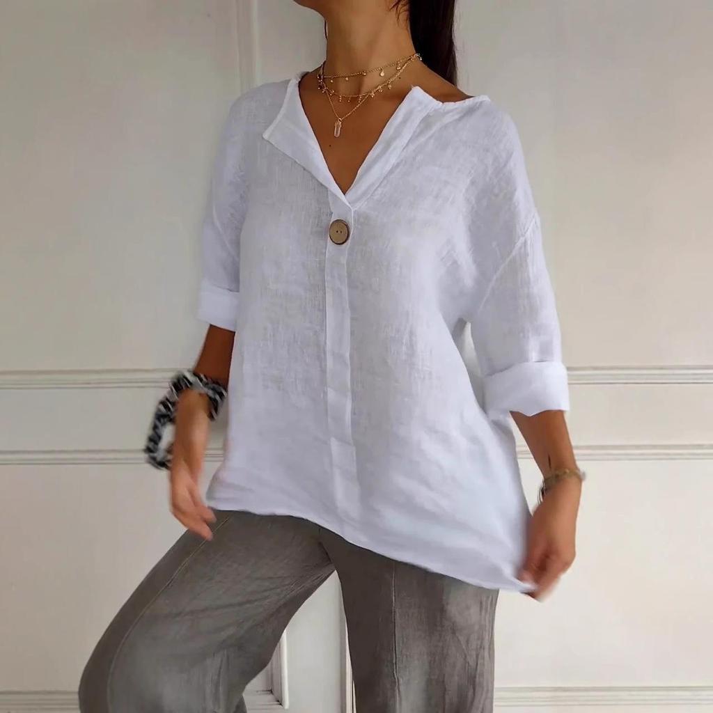 2026 Women's Loose V-Neck Cotton Linen Button Top - Comfortable Casual Summer T-shirt