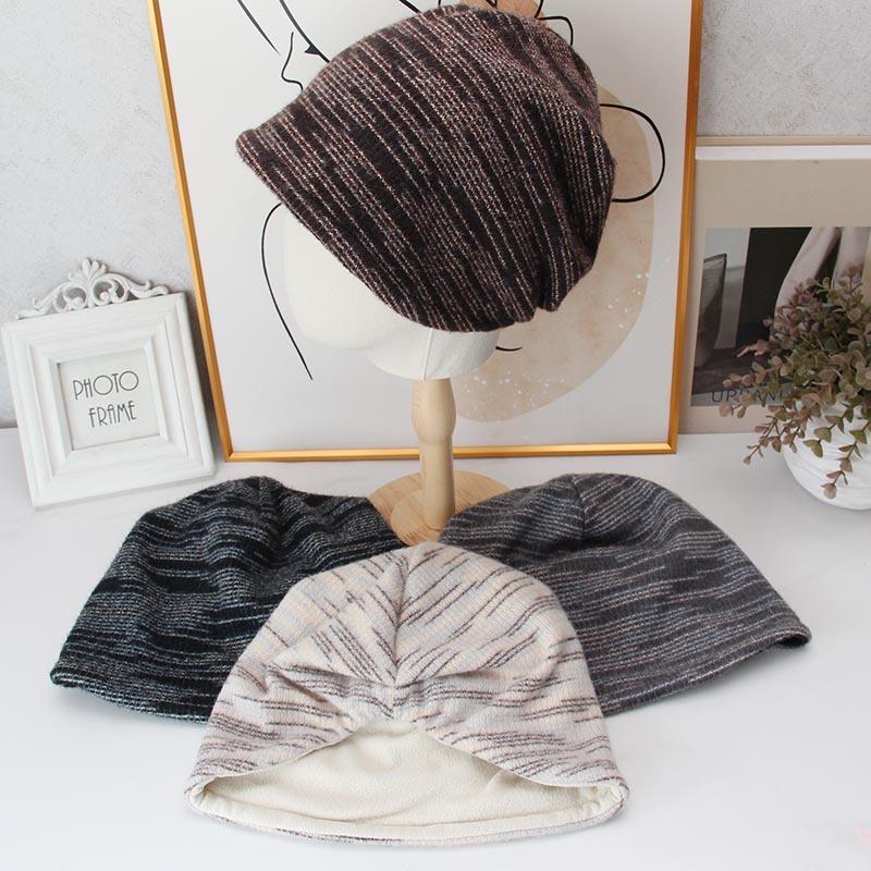 Mixed Color Striped Knitted Pile Hat Women's Autumn and Winter Velvet Thermal Pullover Hat Retro Versatile Bag Head Knitted Hat