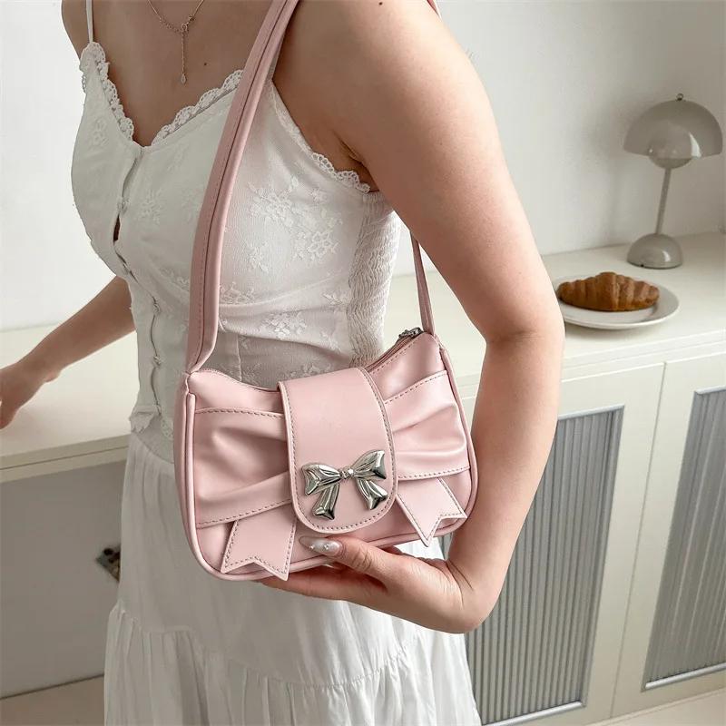 Sweet Bowknot Women’s Underarm Bags Portable PU Leather Ladies Small Tote Shoulder Bag Solid Color Pleated Female Purse Handbag