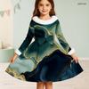 Girls Long Sleeve Green Gold Printed Faux Fur Collar Bow Waist A Line Flared Dress