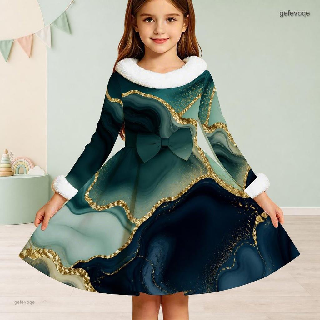 Girls Long Sleeve Green Gold Printed Faux Fur Collar Bow Waist A Line Flared Dress