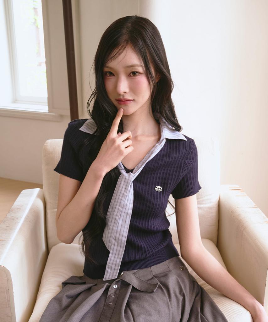 THE GREEN LAB Ribbon Tie Layered Short Sleeve Knit [Navy]