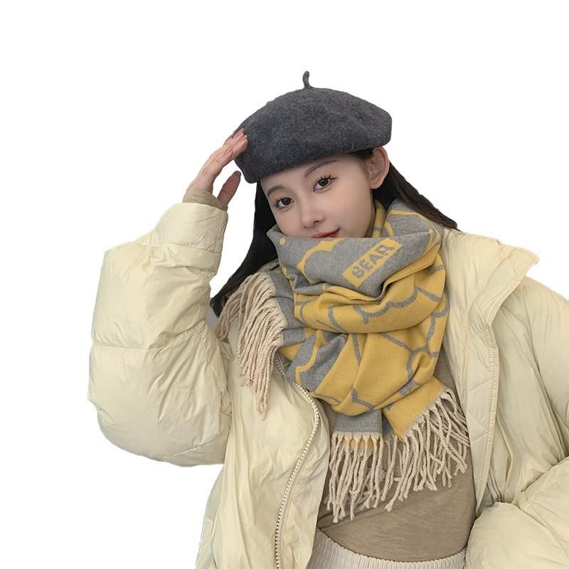 Cute Bear Cashmere Scarf Feel Fringed Shawl Soft Girl Winter Student Scarf Warm Thickened Scarf