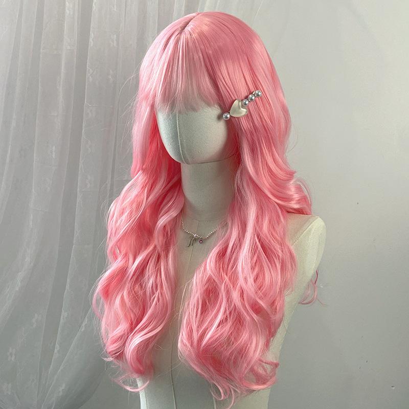 Japanese Korean Black Long Curly Hair Wig Women's Air Bangs Big Waves Synthetic Full Head Cover