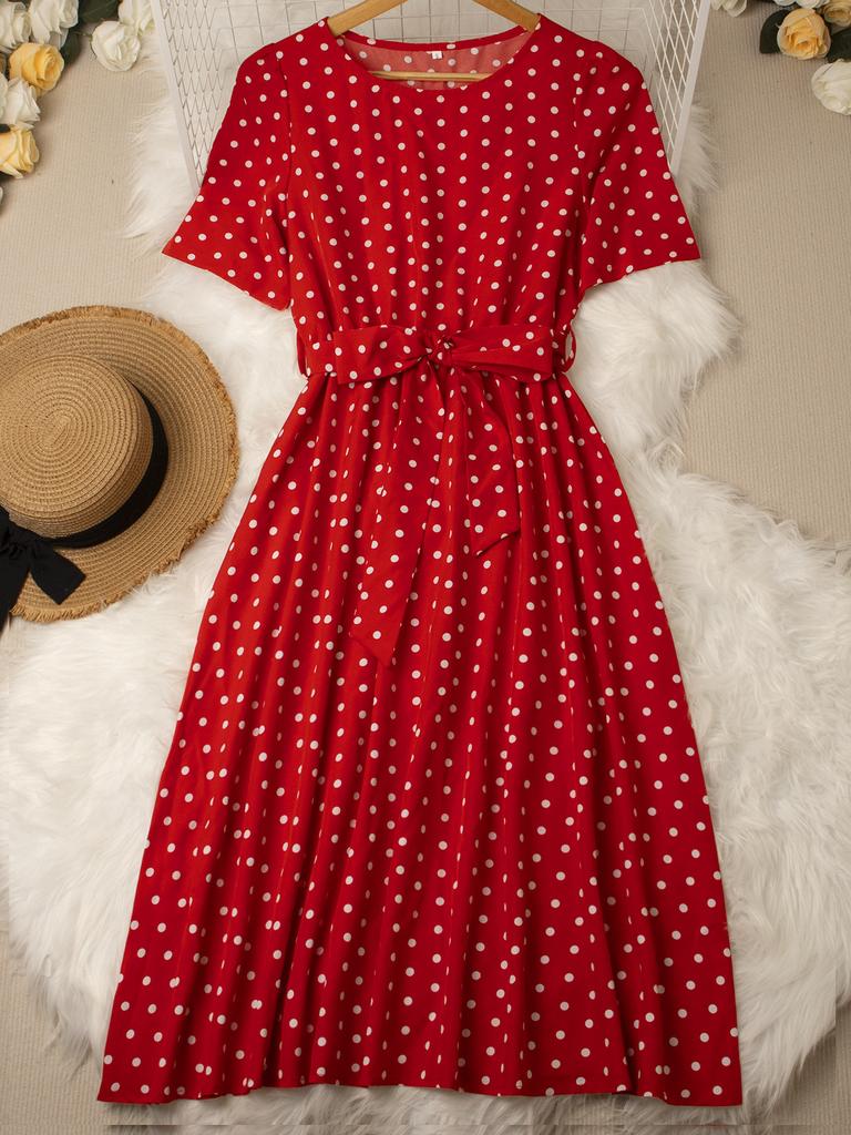 Women Retro Elegant Round Neck Short Sleeve Polka Dot Waist Tied Flared Midi Dress