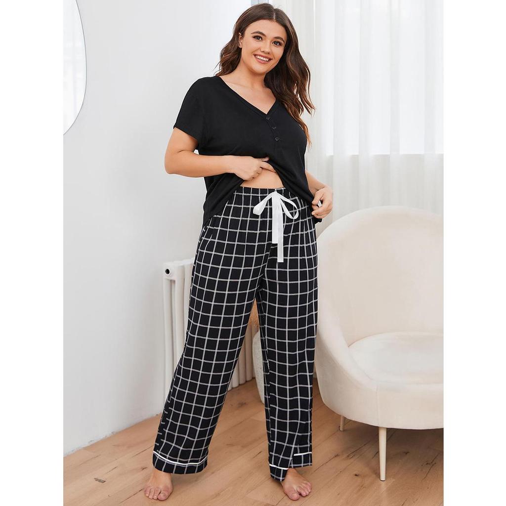 Women's Plus Size Spring/Summer Pajamas - Short Sleeve Top & Long Pants Homewear