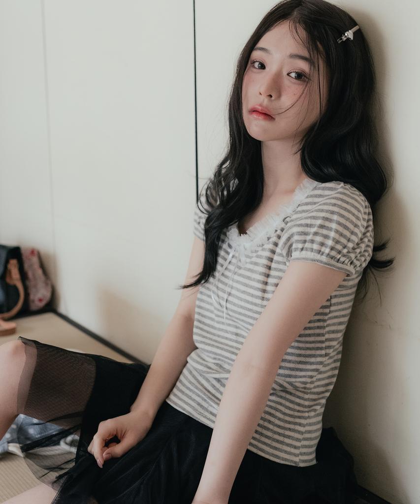 HIGH SCHOOL DISCO Lace Stripe Short Sleeve_Melange Gray