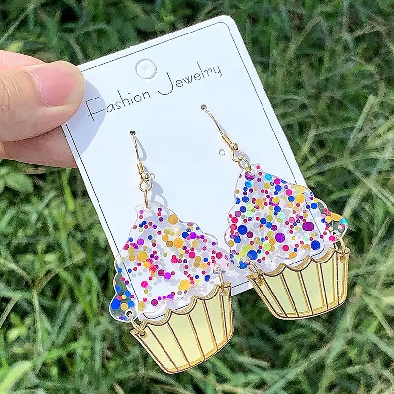 Cross-border new color cake earrings flat acrylic creative birthday party wearing creative cartoon earrings