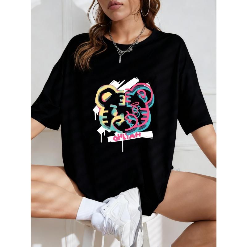 White Oversized T Shirt With Colorful Bear And Ohliah Graphic Print For Casual Wear