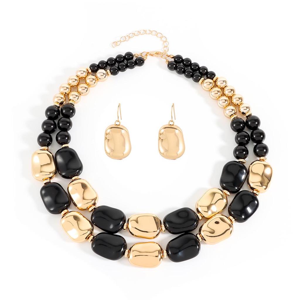 Retro Double Layer Punk Patchwork Beaded Necklace & Geometric Clavicle Chain Earrings Set