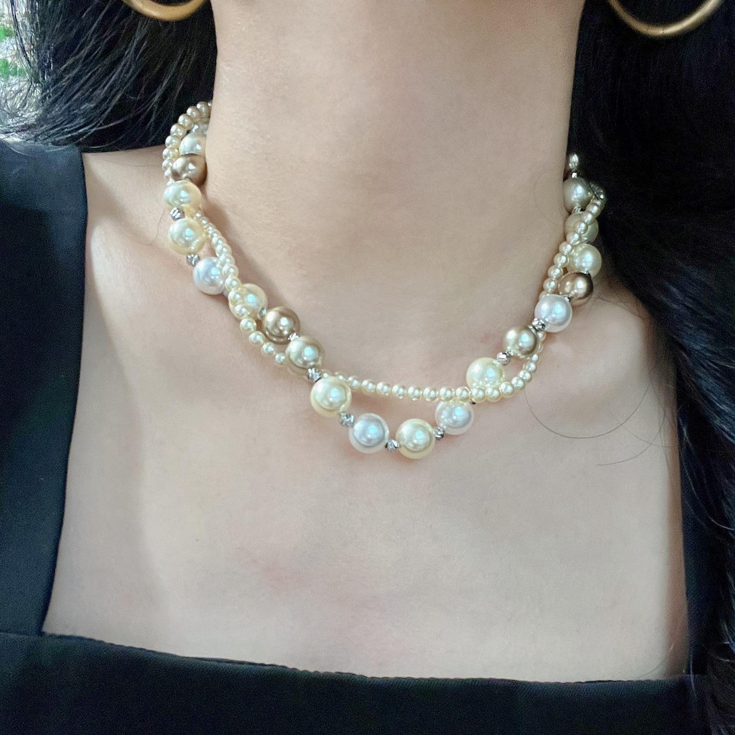Autumn And Winter Maillard Champagne Gold Multilayer Shijia Pearl Necklace Collarbone Chain Sweater Chain
